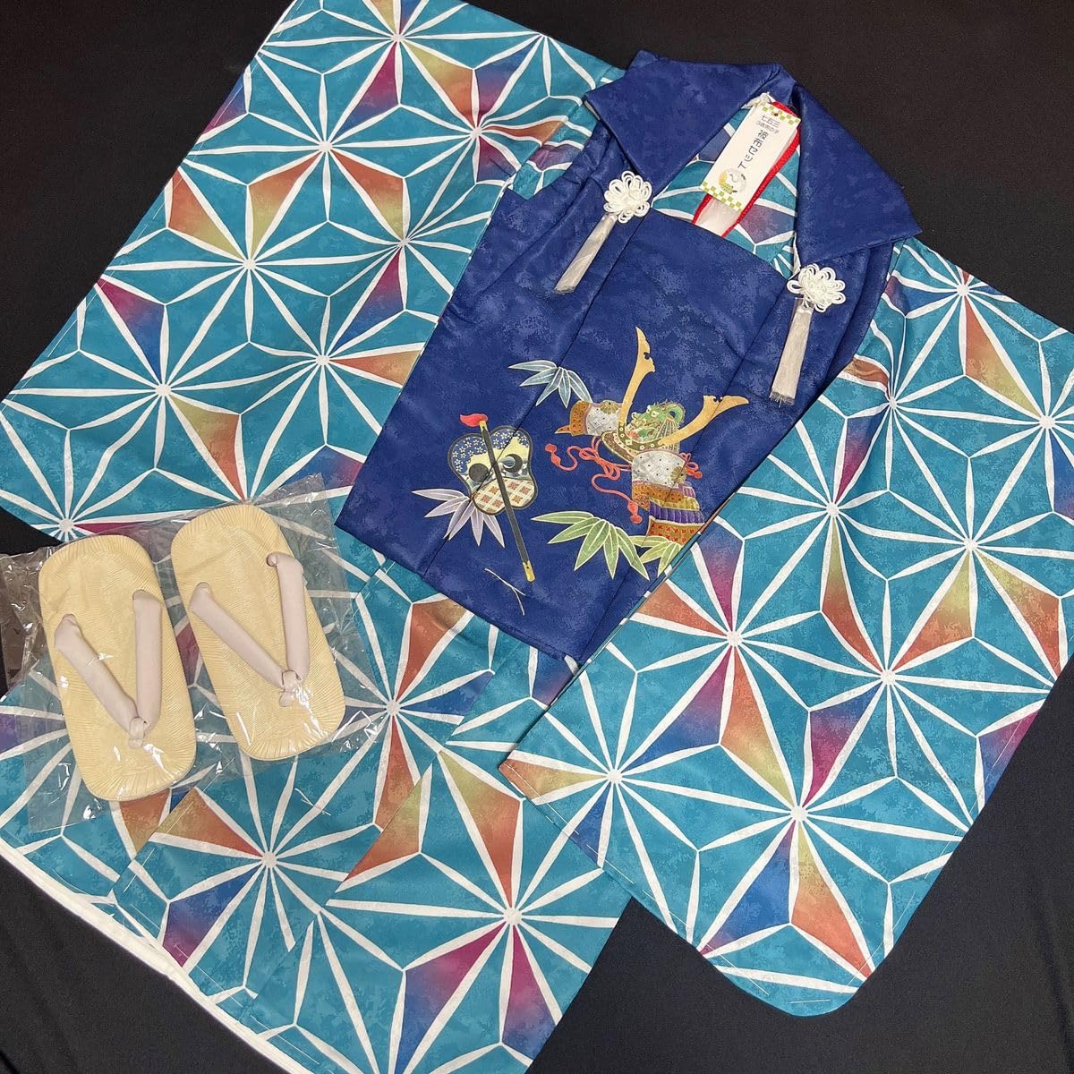 Amazon.co.jp: 麻の葉×青七五三 着物 被布 3歳男の子 6点セット